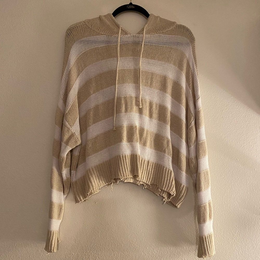 Tan and White Striped Hoodie Sweater